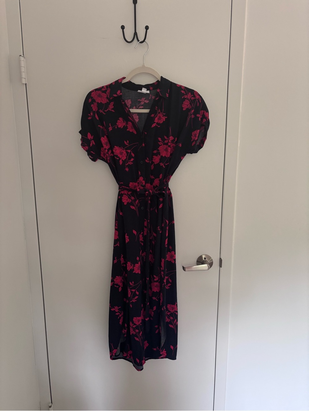 Navy Floral Midi Dress with Red Print